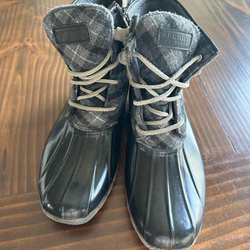 Sperry Black and Gray Plaid Duck Boots